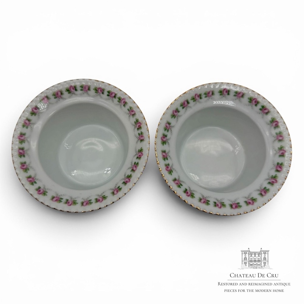 Pair of Vintage Schwarzburg Germany Rose Pattern Porcelain Ramekins Custard Cups